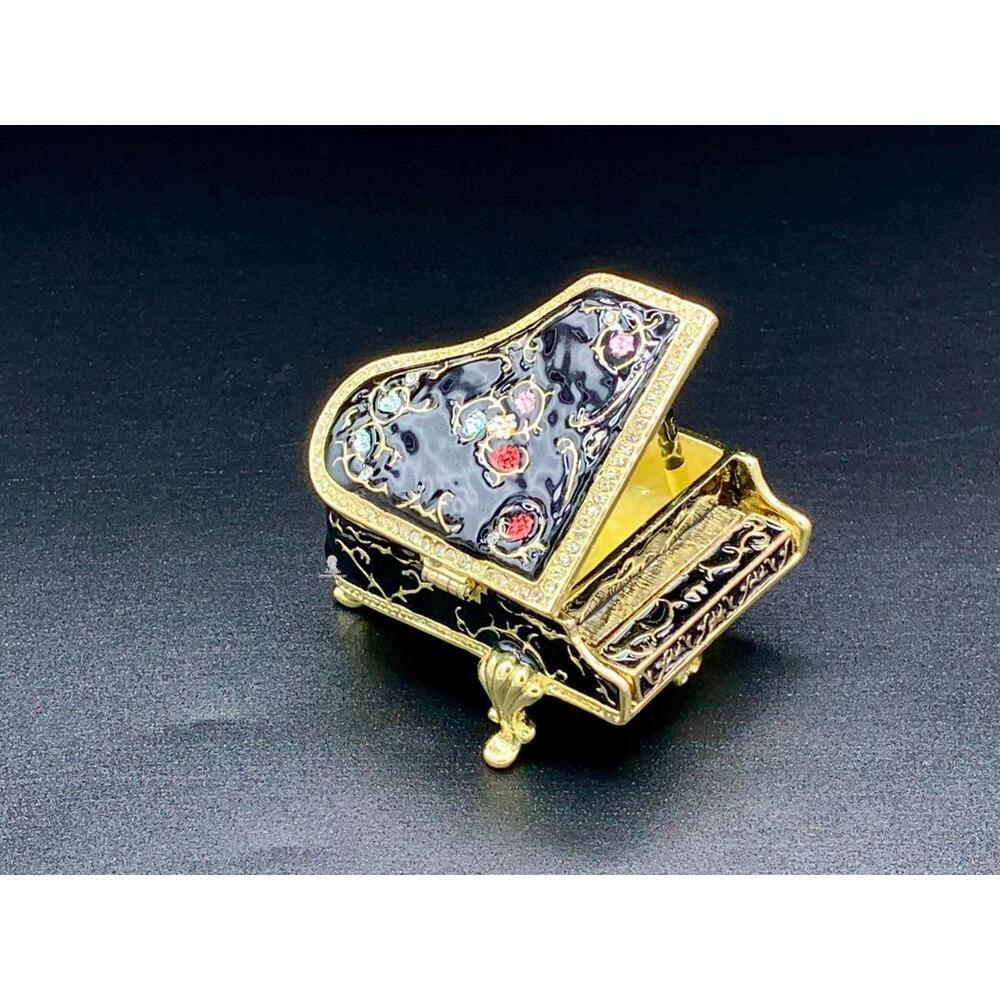Black Enamel Grand Piano Trinket Box Rhinestone Floral Music Lover Pill Box Gift